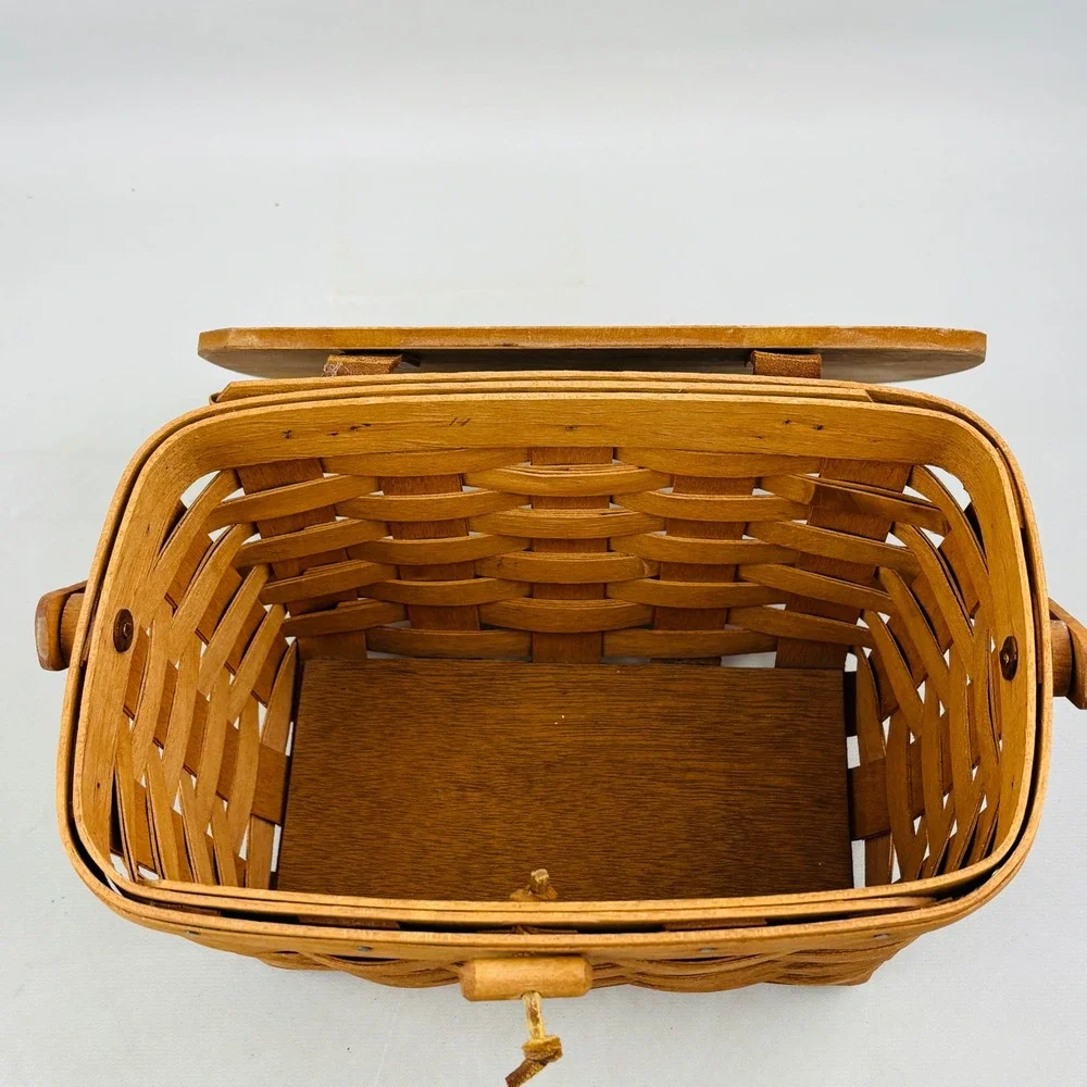 Vintage Longaberger Small Wood Picnic Basket Moving‎ Handle Brown Handwoven 1991